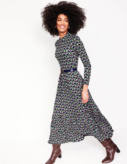 High Neck Tiered Jersey Dress-Navy, Blossom Stamp-4