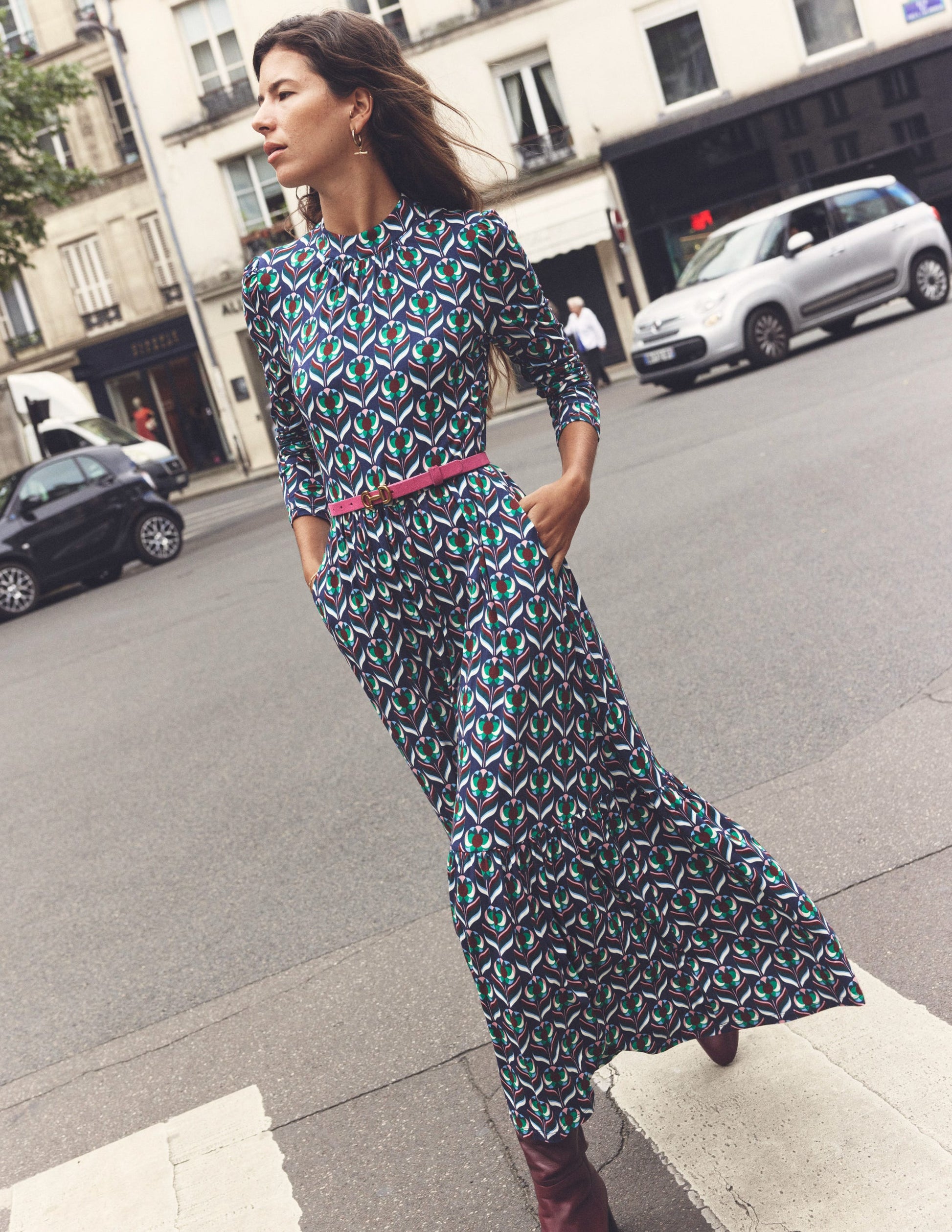 High Neck Tiered Jersey Dress-Navy, Blossom Stamp-5