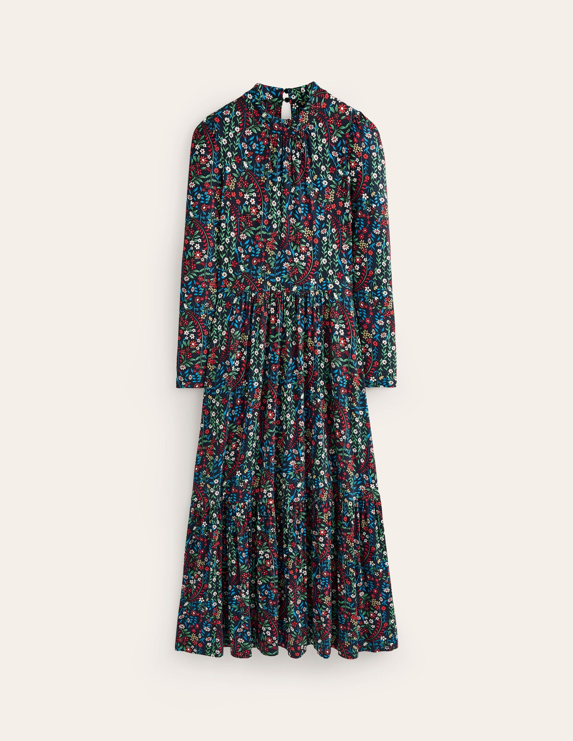 High Neck Tiered Jersey Dress-Navy, Foliage Bud-5