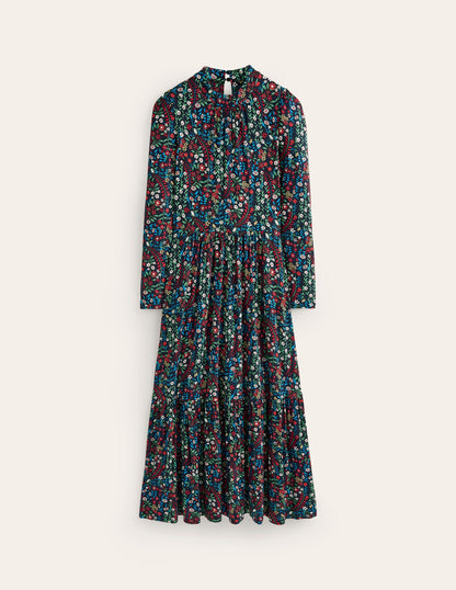 High Neck Tiered Jersey Dress-Navy, Foliage Bud-5