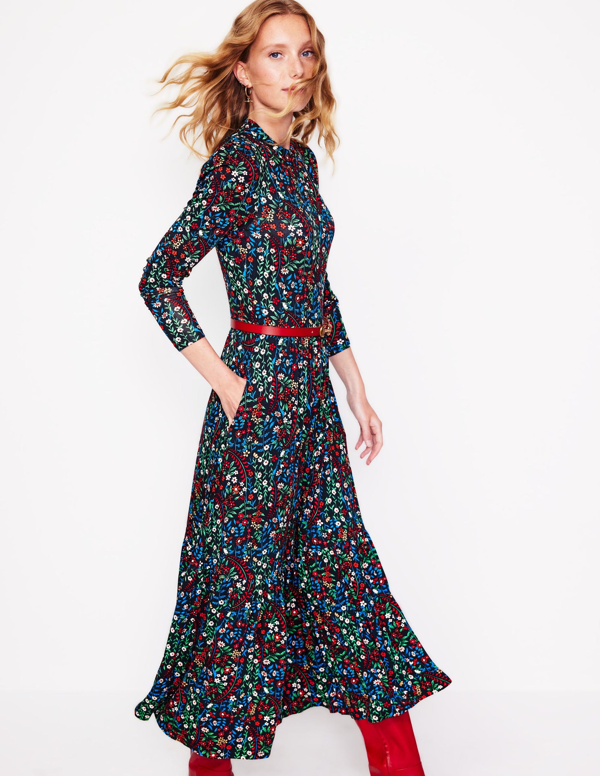 High Neck Tiered Jersey Dress-Navy, Foliage Bud-1