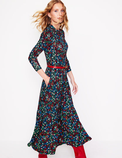 High Neck Tiered Jersey Dress-Navy, Foliage Bud-1