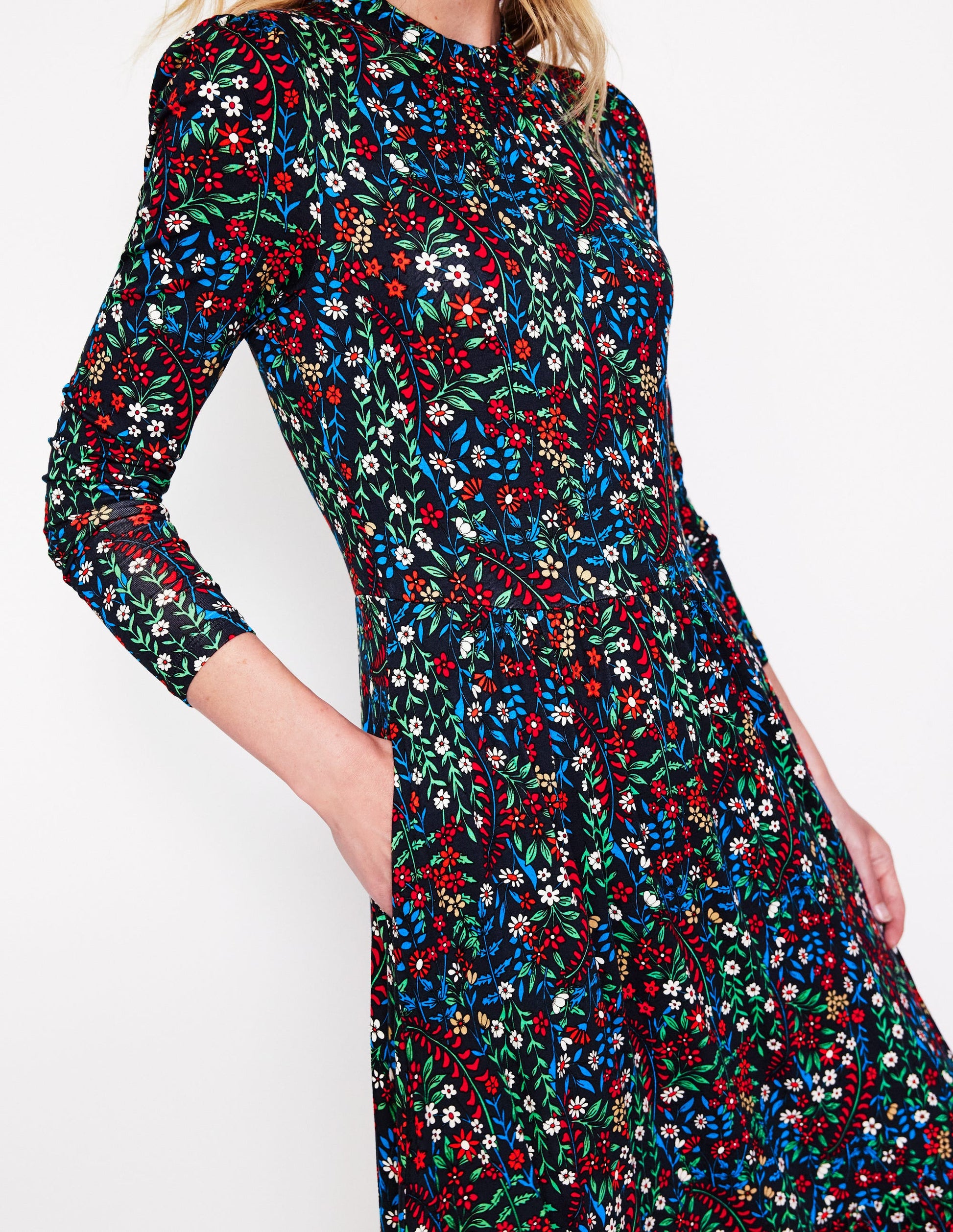 High Neck Tiered Jersey Dress-Navy, Foliage Bud-2