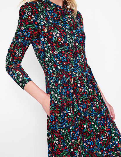 High Neck Tiered Jersey Dress-Navy, Foliage Bud-2