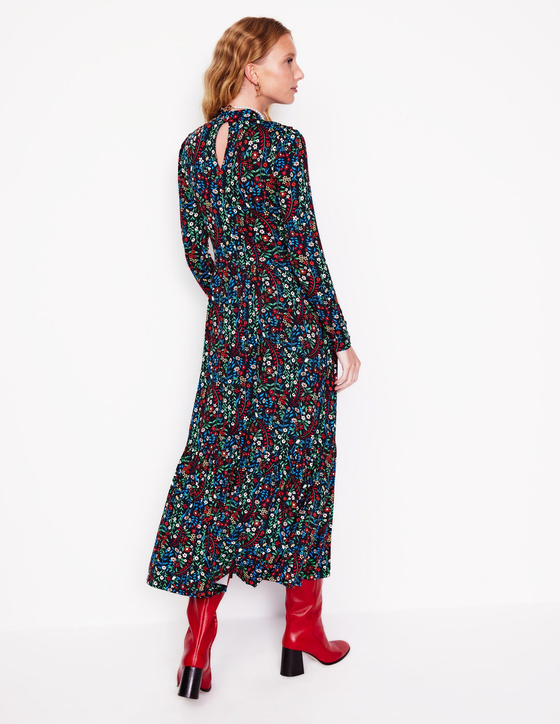 High Neck Tiered Jersey Dress-Navy, Foliage Bud-3