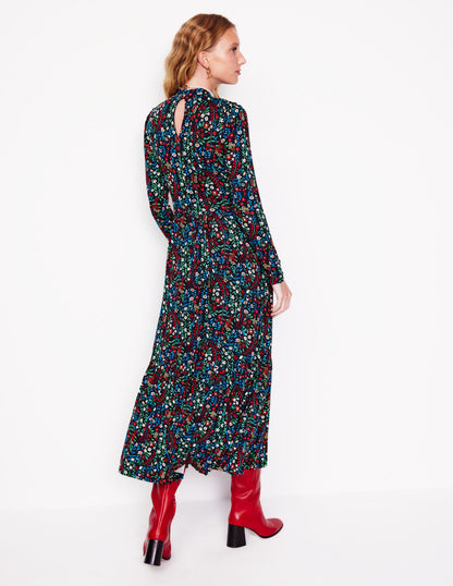 High Neck Tiered Jersey Dress-Navy, Foliage Bud-3