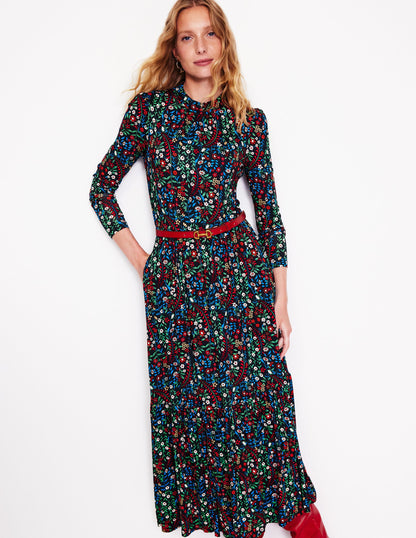 High Neck Tiered Jersey Dress-Navy, Foliage Bud-4