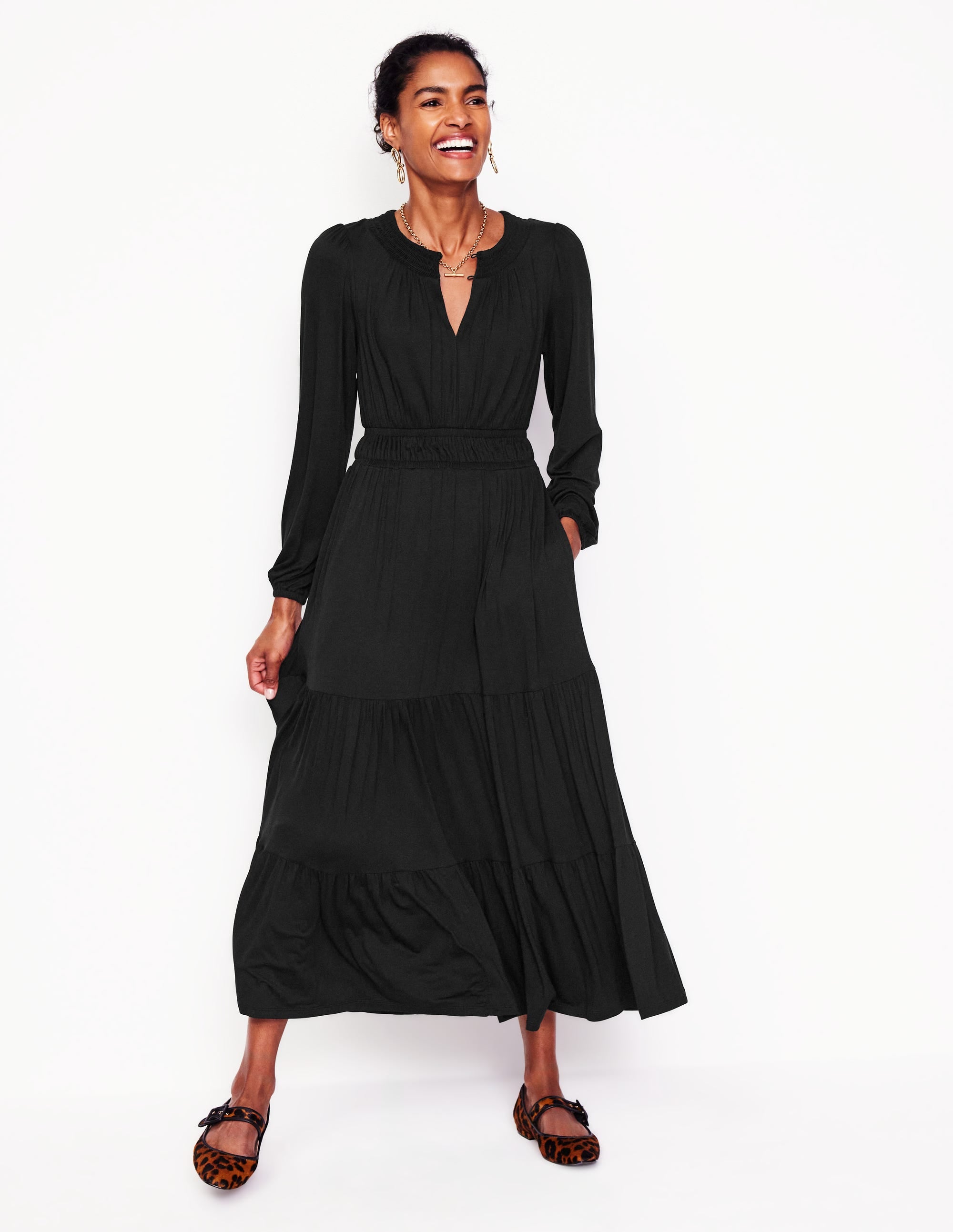 Smock Tiered Jersey Midi Dress-Black - Image 1
