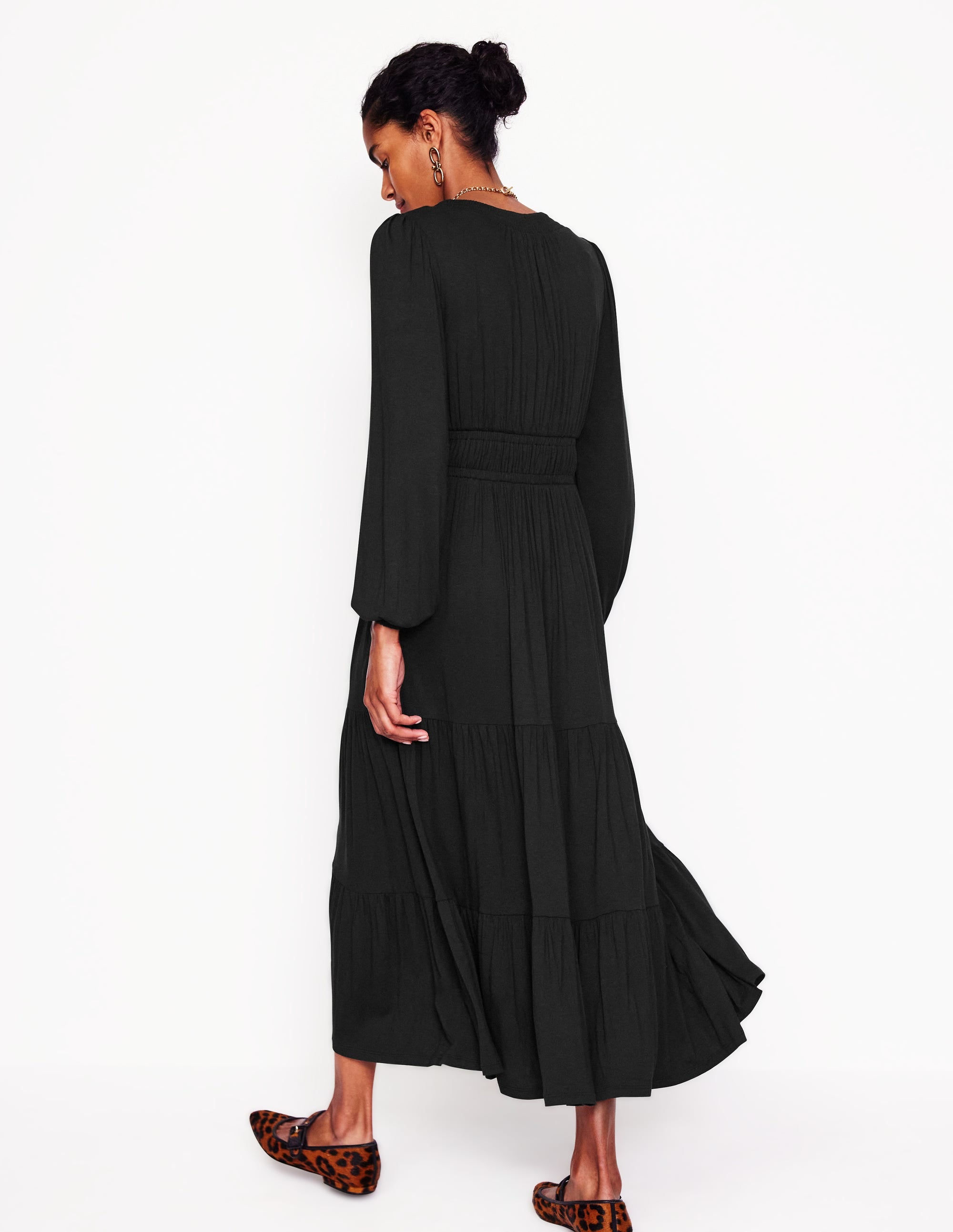 Smock Tiered Jersey Midi Dress-Black - Image 3