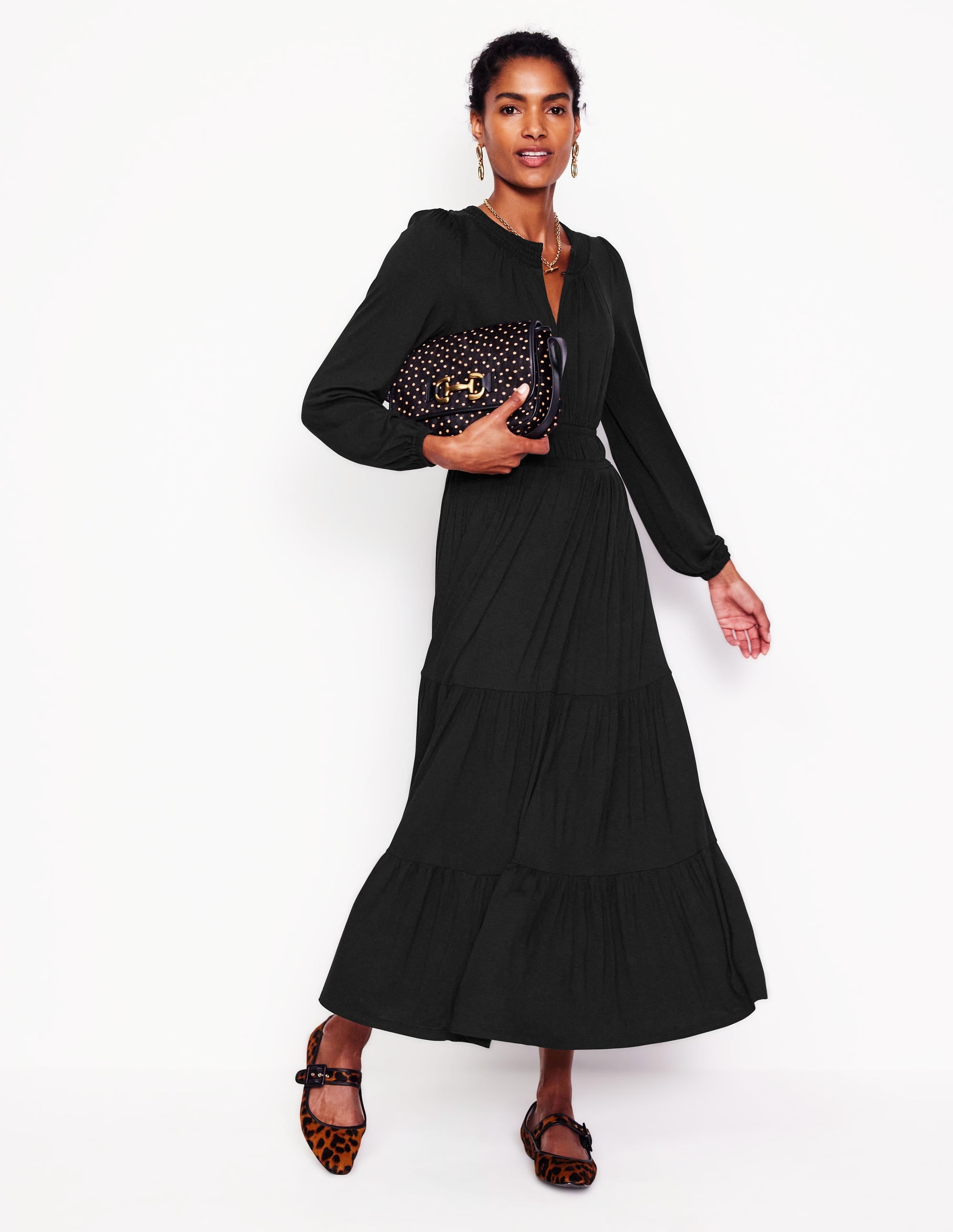 Smock Tiered Jersey Midi Dress-Black - Image 4