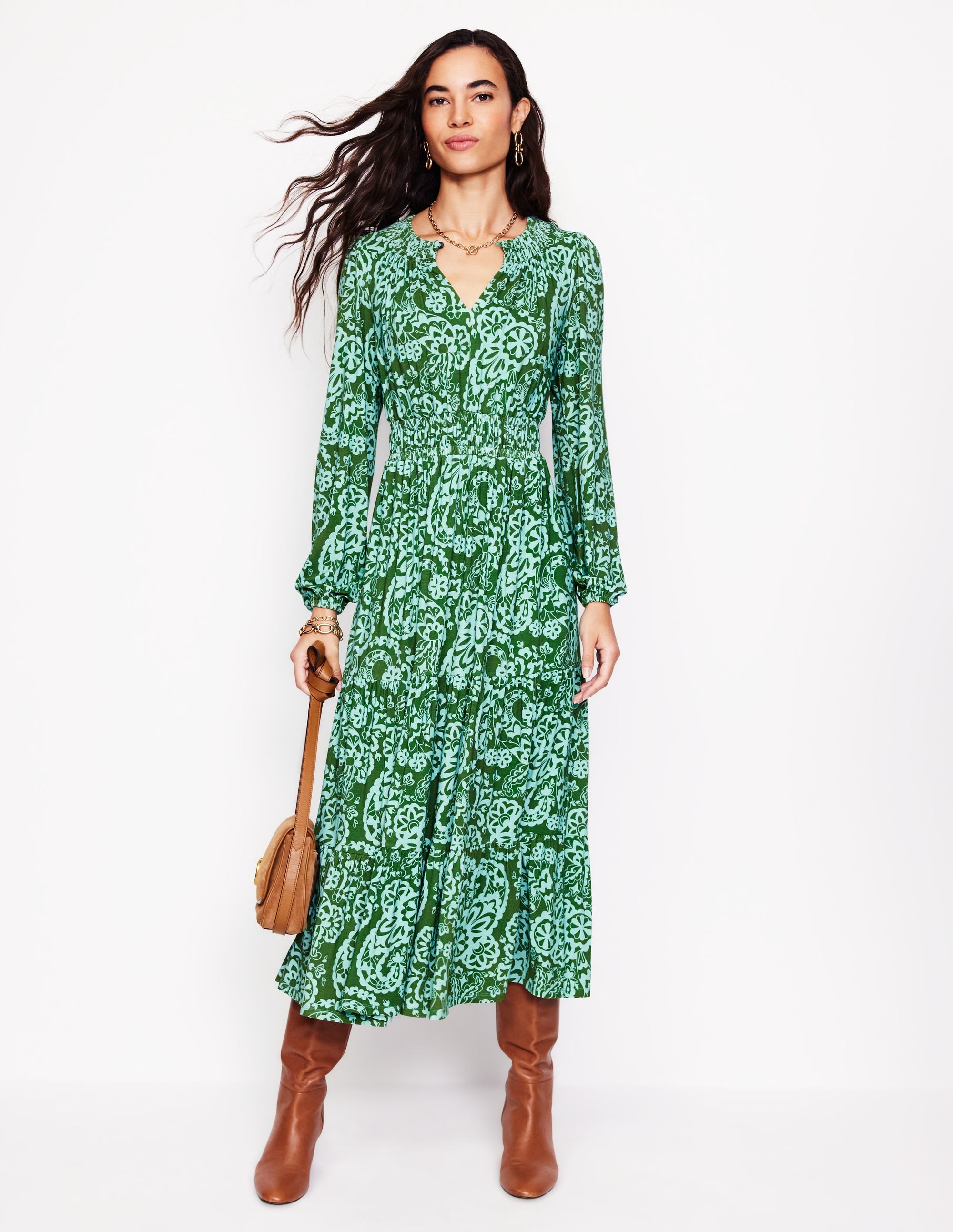 Smock Tiered Jersey Midi Dress-Brook, Paisley Cascade - Image 1