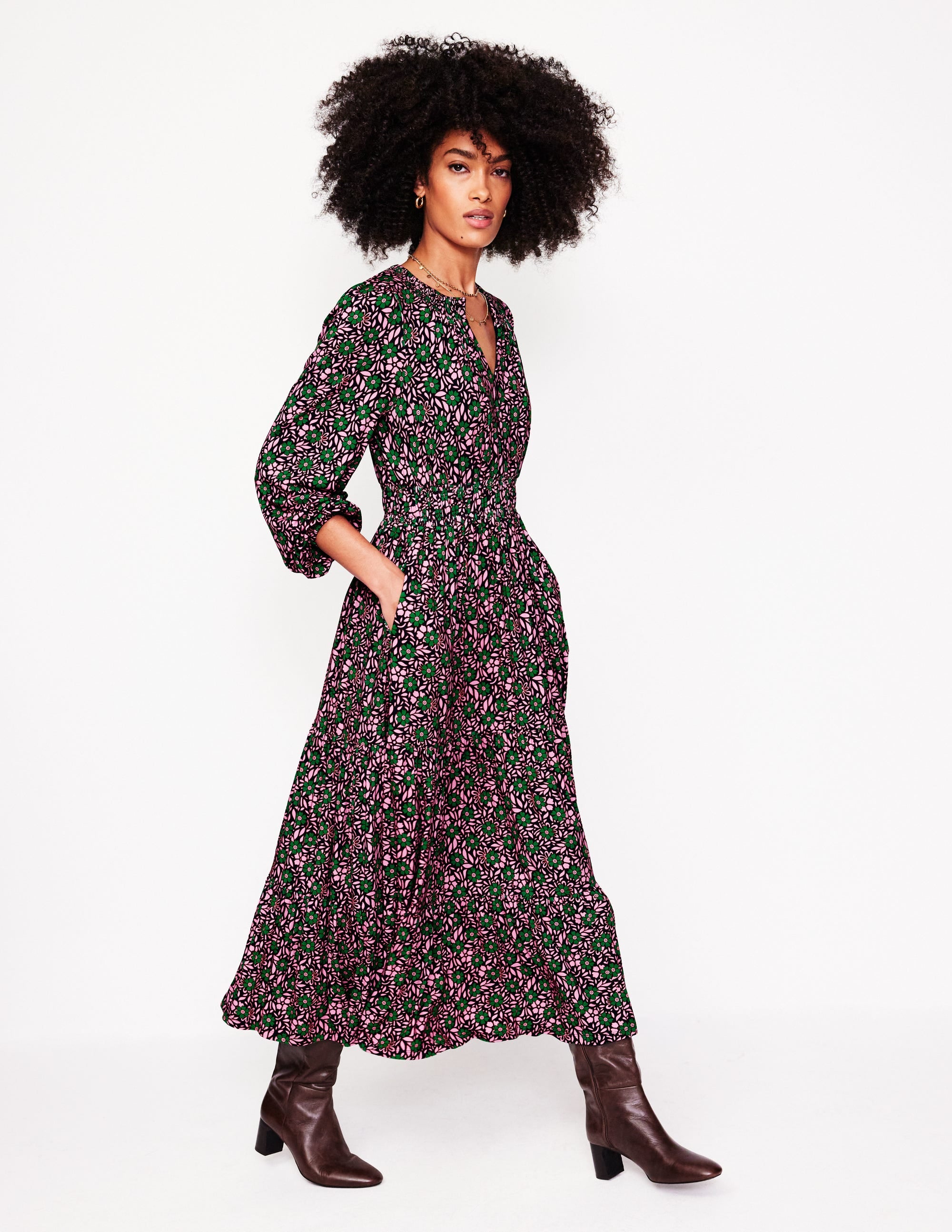 Smock Tiered Jersey Midi Dress-Sherbet, Foliage Cluster - Image 1