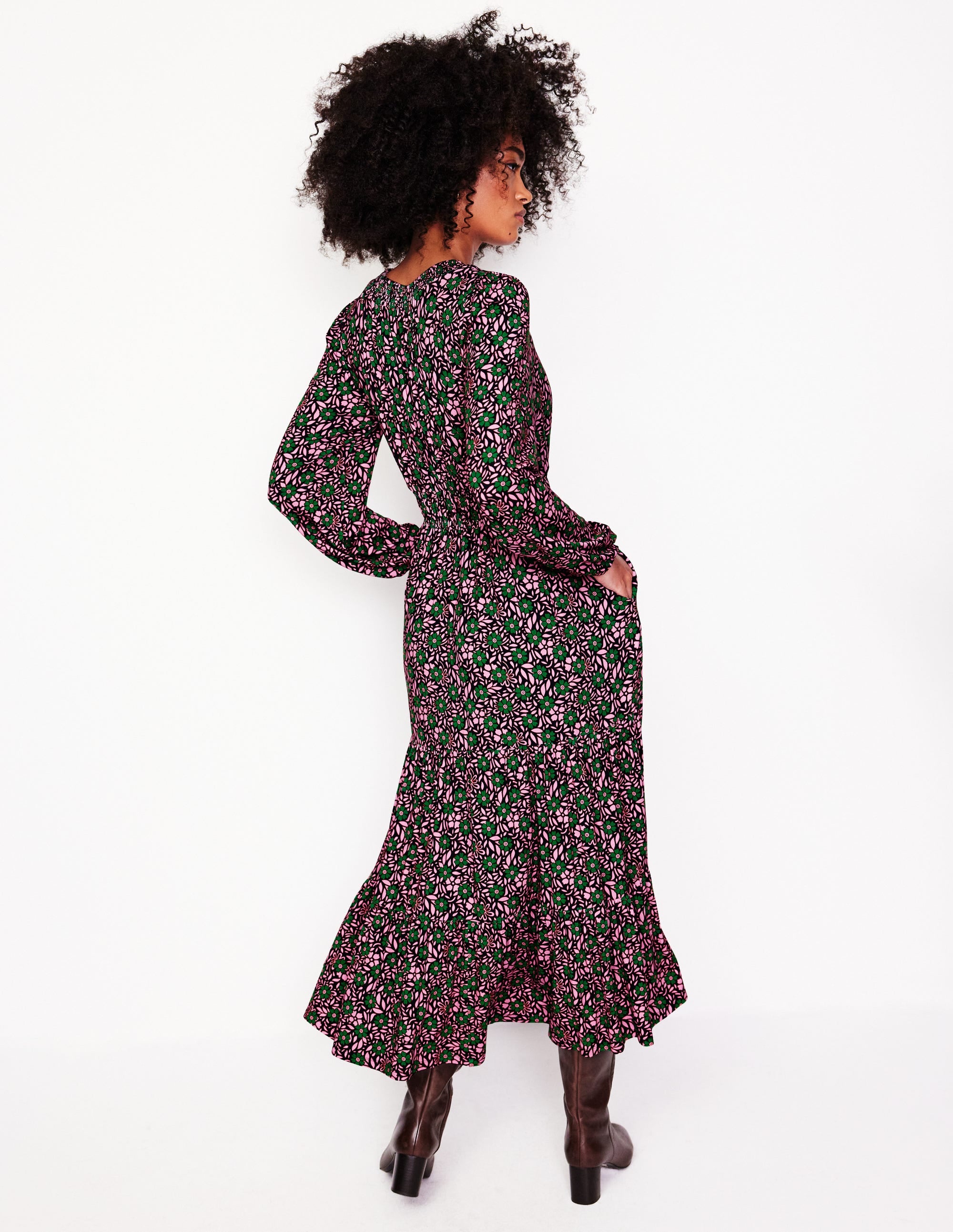 Smock Tiered Jersey Midi Dress-Sherbet, Foliage Cluster - Image 3
