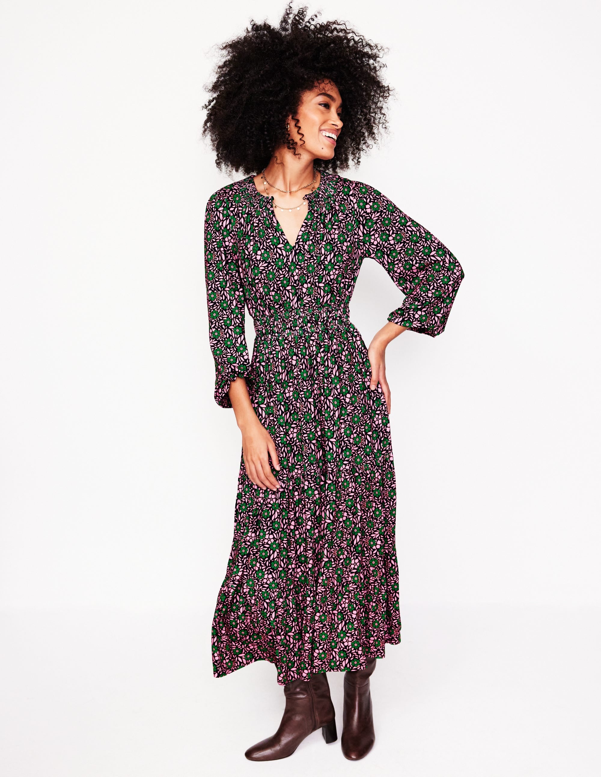 Smock Tiered Jersey Midi Dress-Sherbet, Foliage Cluster - Image 4