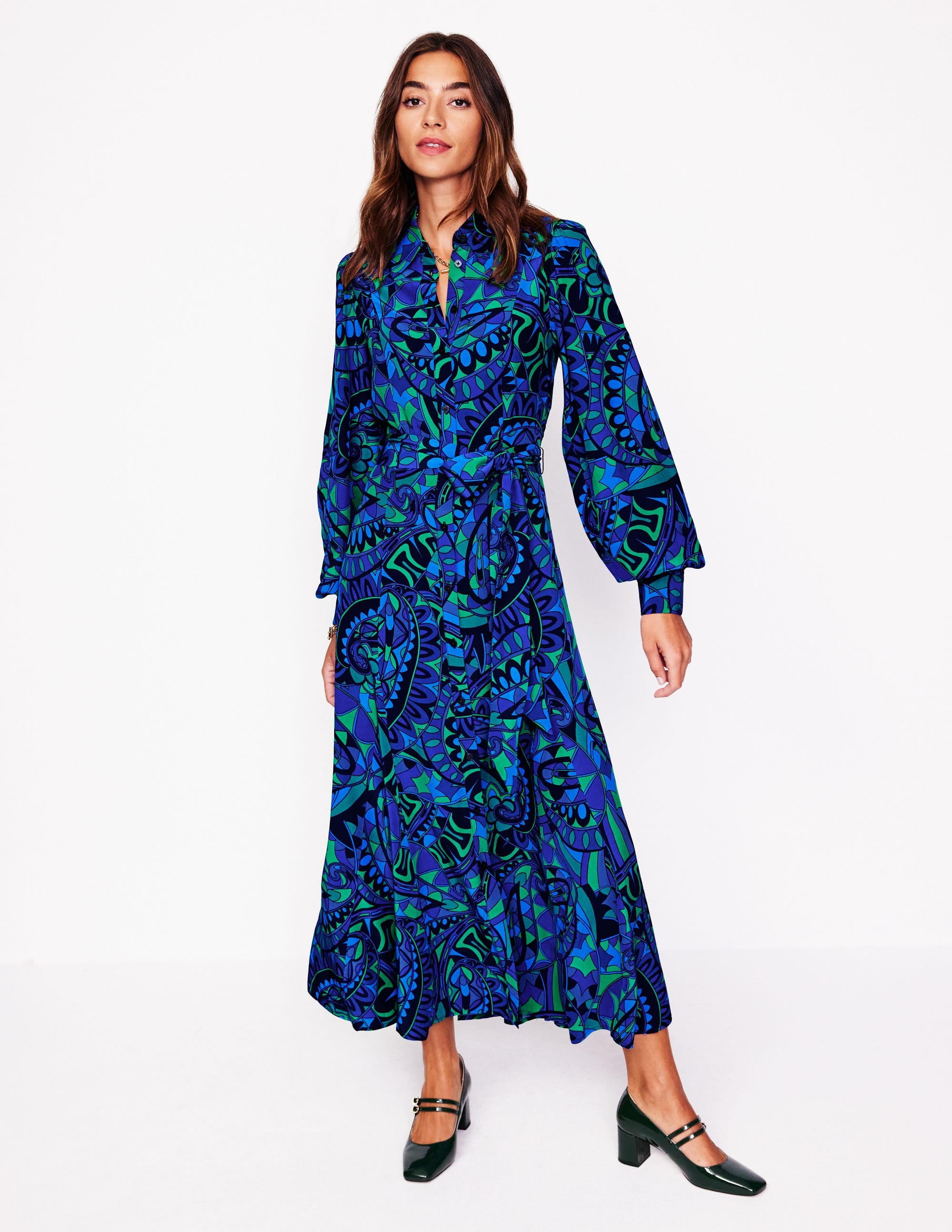 Martha Godet Maxi Shirt Dress-Blue, Kaleidoscopic Paisley - Image 2
