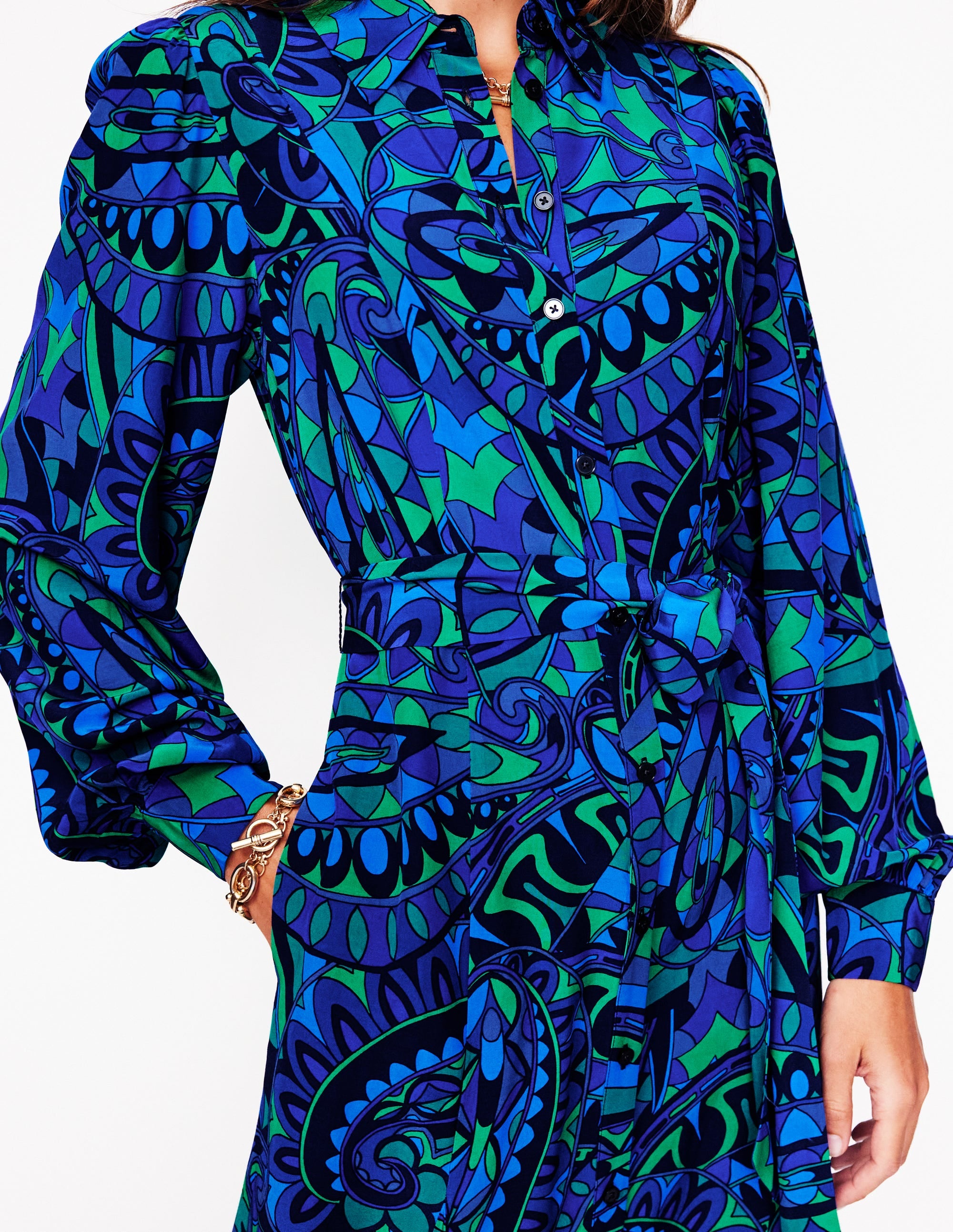 Martha Godet Maxi Shirt Dress-Blue, Kaleidoscopic Paisley - Image 3