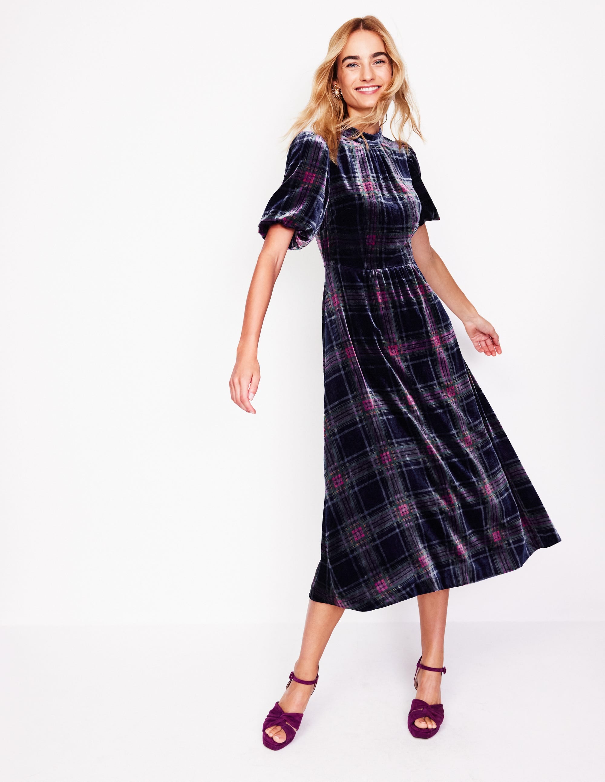 High Neck Velvet Dress-Navy and Red Check - Image 1