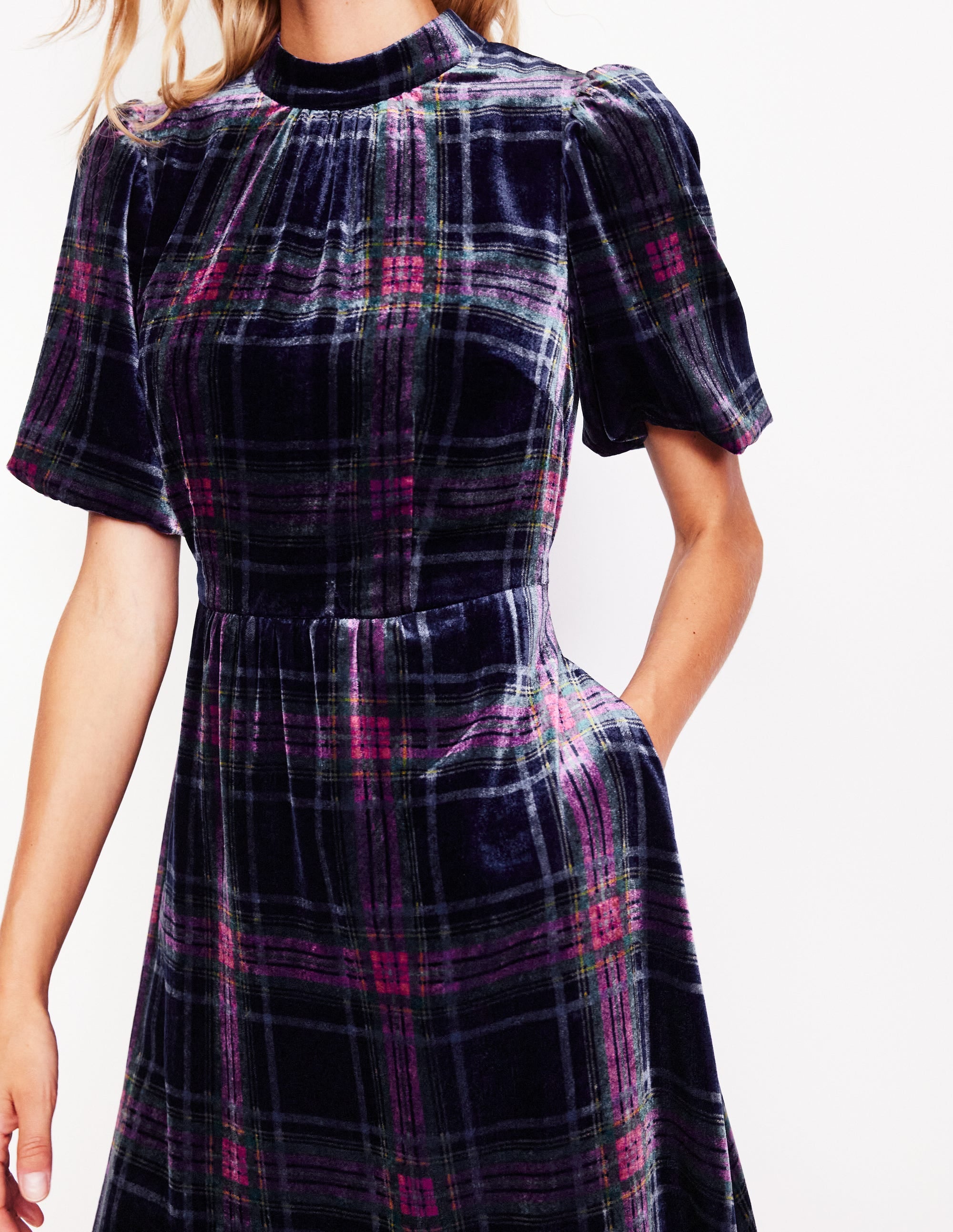 High Neck Velvet Dress-Navy and Red Check - Image 2