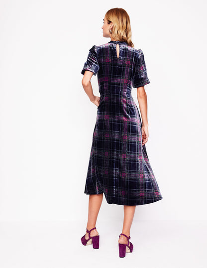 High Neck Velvet Dress-Navy and Red Check-3