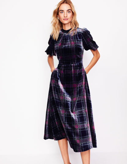 High Neck Velvet Dress-Navy and Red Check-4