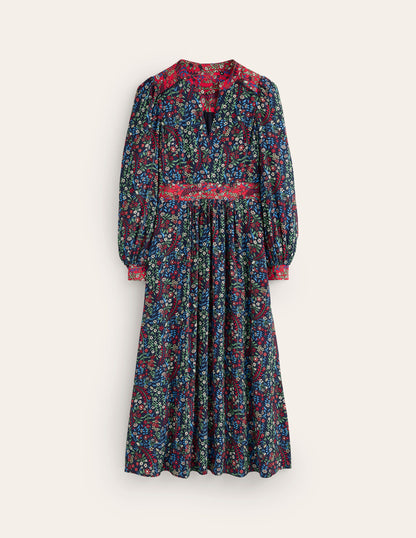 Zoe Trim Detail Midi Dress-French Navy, Foliage Bud-5