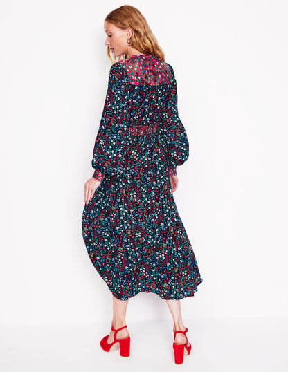 Zoe Trim Detail Midi Dress-French Navy, Foliage Bud-3