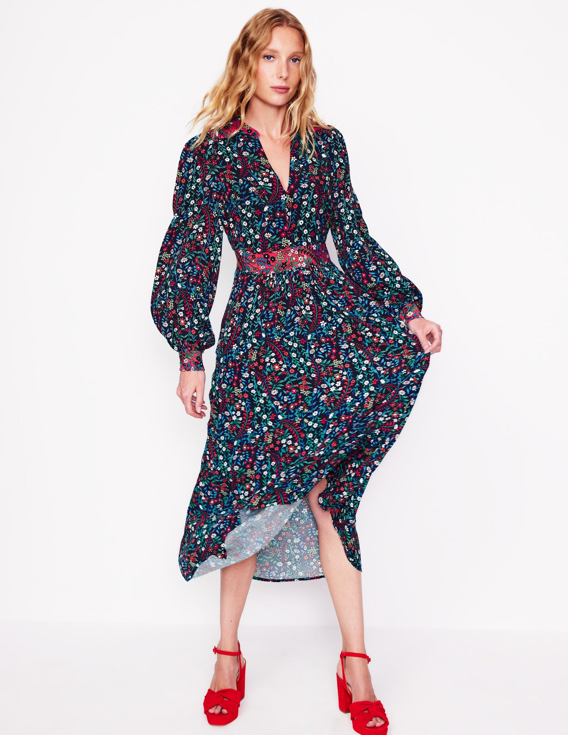 Zoe Trim Detail Midi Dress-French Navy, Foliage Bud-4