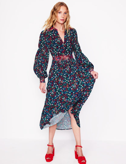 Zoe Trim Detail Midi Dress-French Navy, Foliage Bud-4