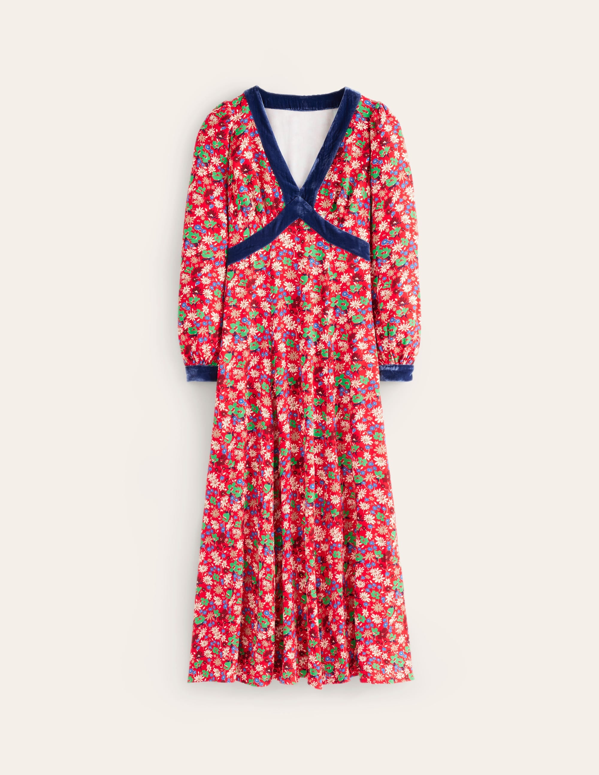 Velvet Trim Maxi Tea Dress-Bright Ruby, Floral Burst - Image 5
