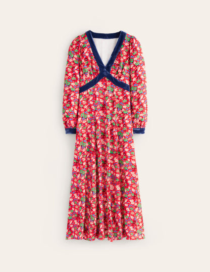 Velvet Trim Maxi Tea Dress-Bright Ruby, Floral Burst-5