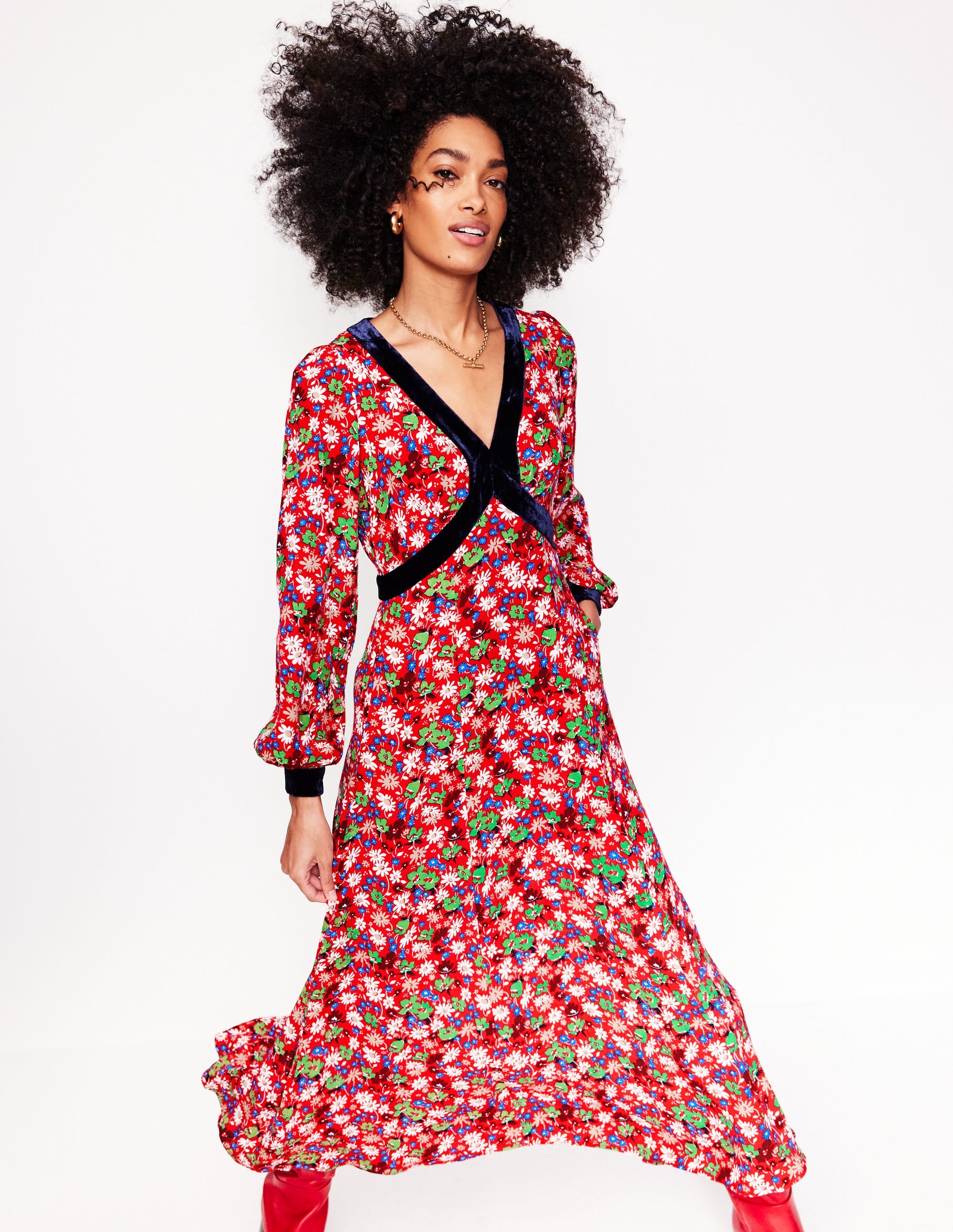 Velvet Trim Maxi Tea Dress-Bright Ruby, Floral Burst - Image 1