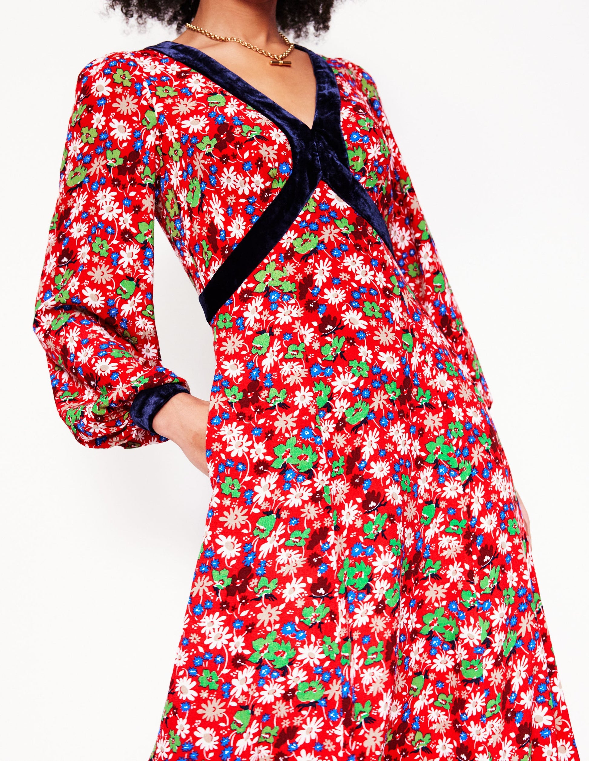 Velvet Trim Maxi Tea Dress-Bright Ruby, Floral Burst-2