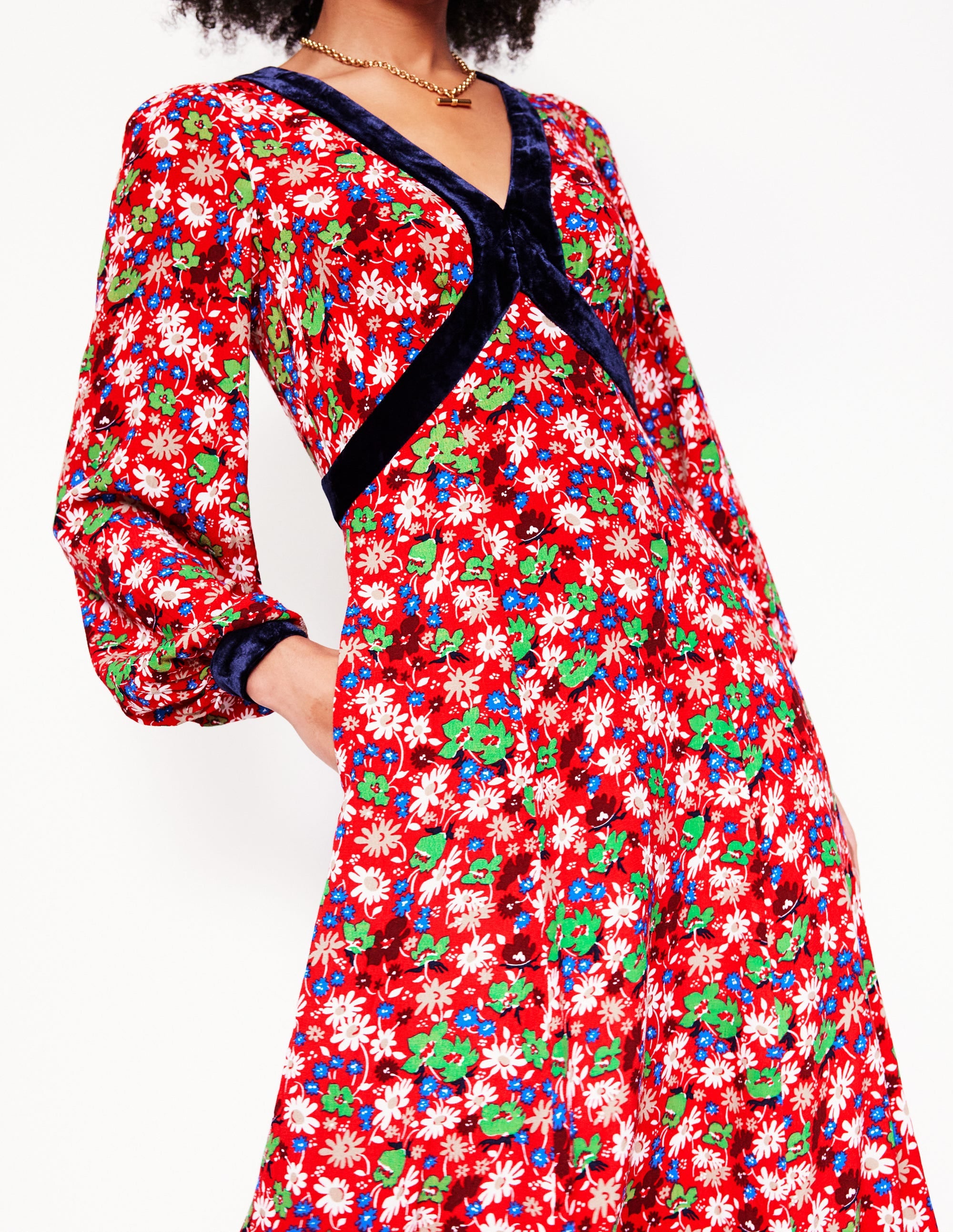 Velvet Trim Maxi Tea Dress-Bright Ruby, Floral Burst - Image 2