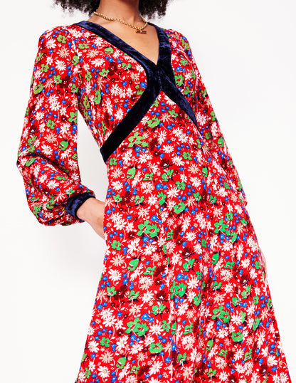 Velvet Trim Maxi Tea Dress-Bright Ruby, Floral Burst-2
