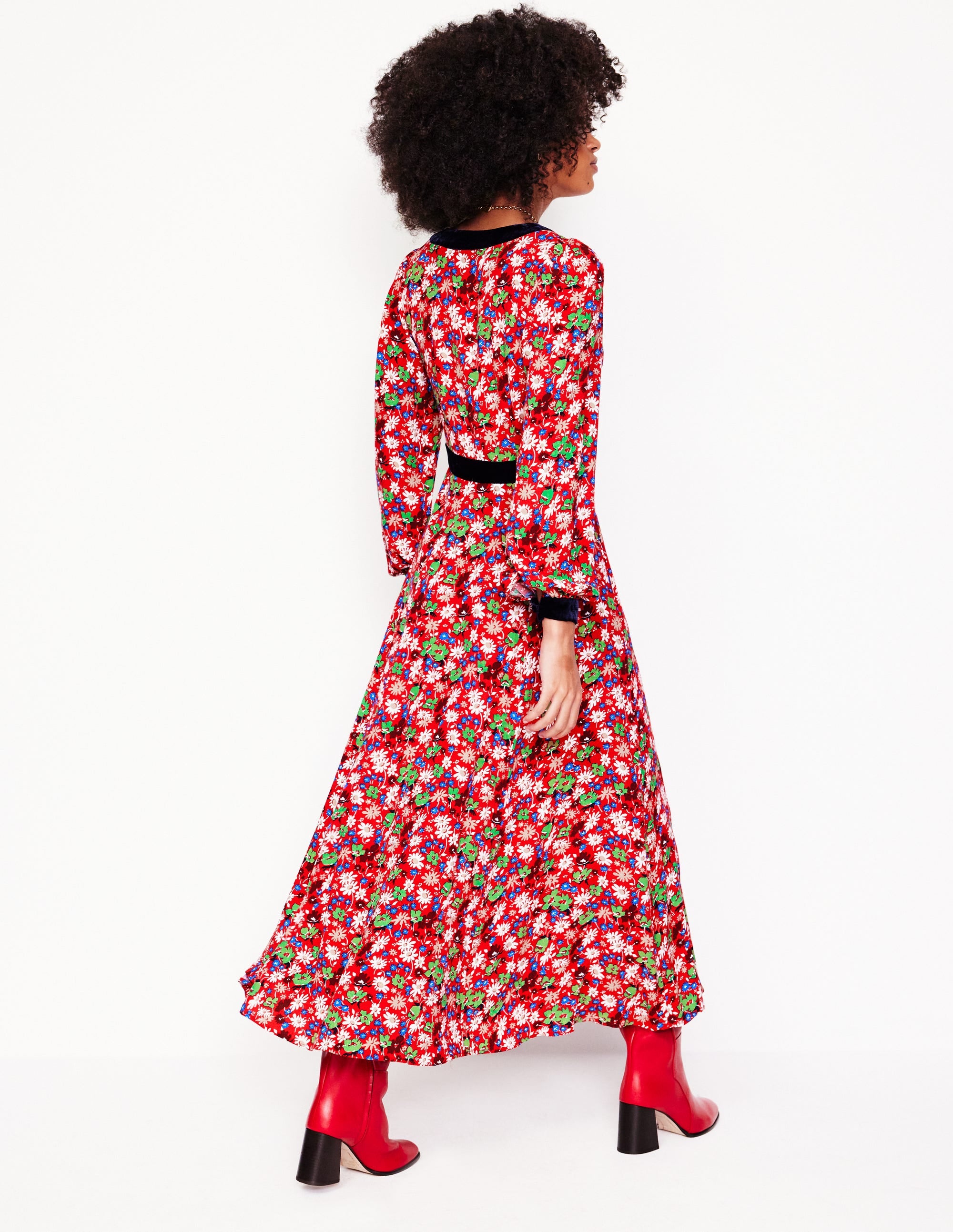Velvet Trim Maxi Tea Dress-Bright Ruby, Floral Burst - Image 3
