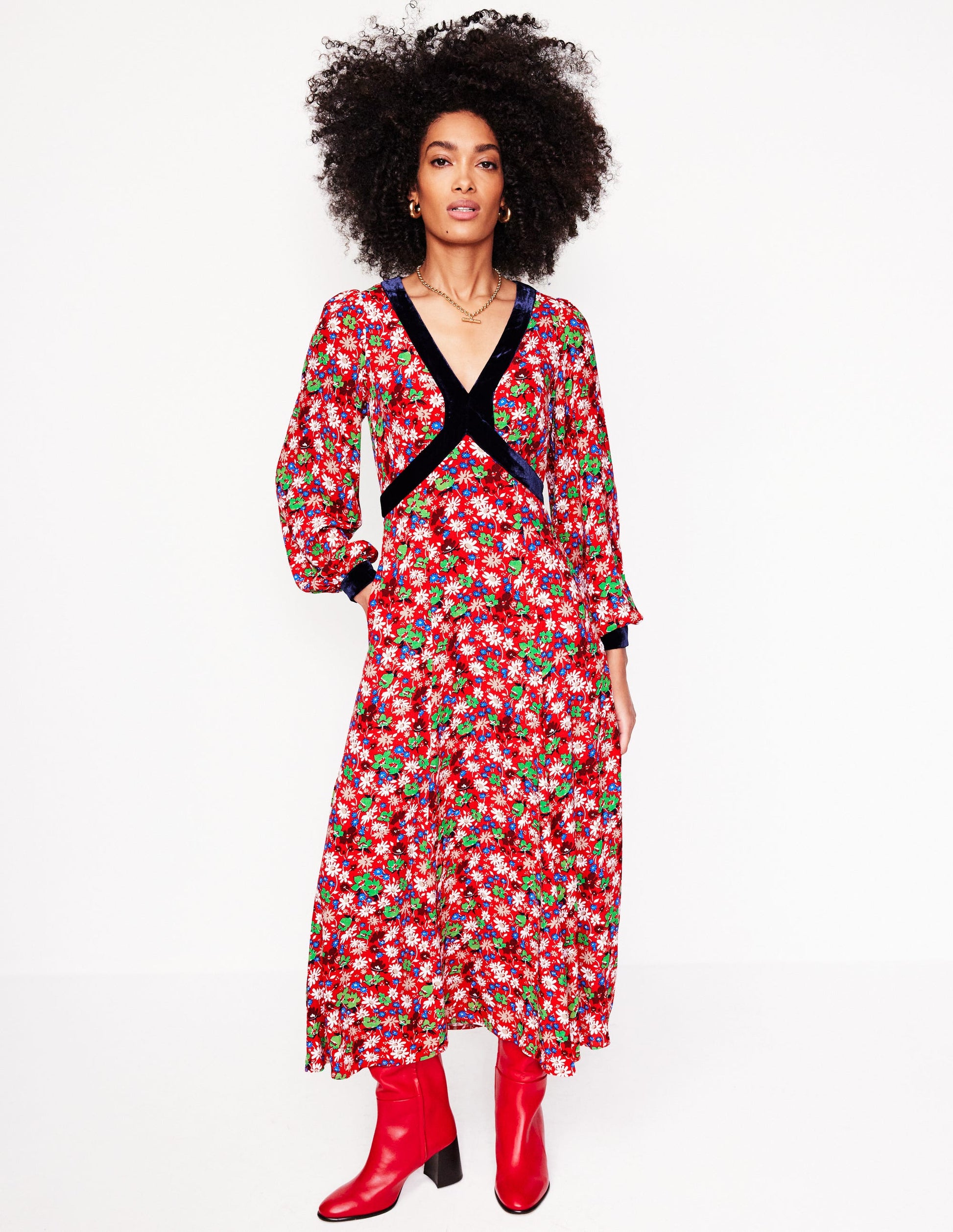 Velvet Trim Maxi Tea Dress-Bright Ruby, Floral Burst-4