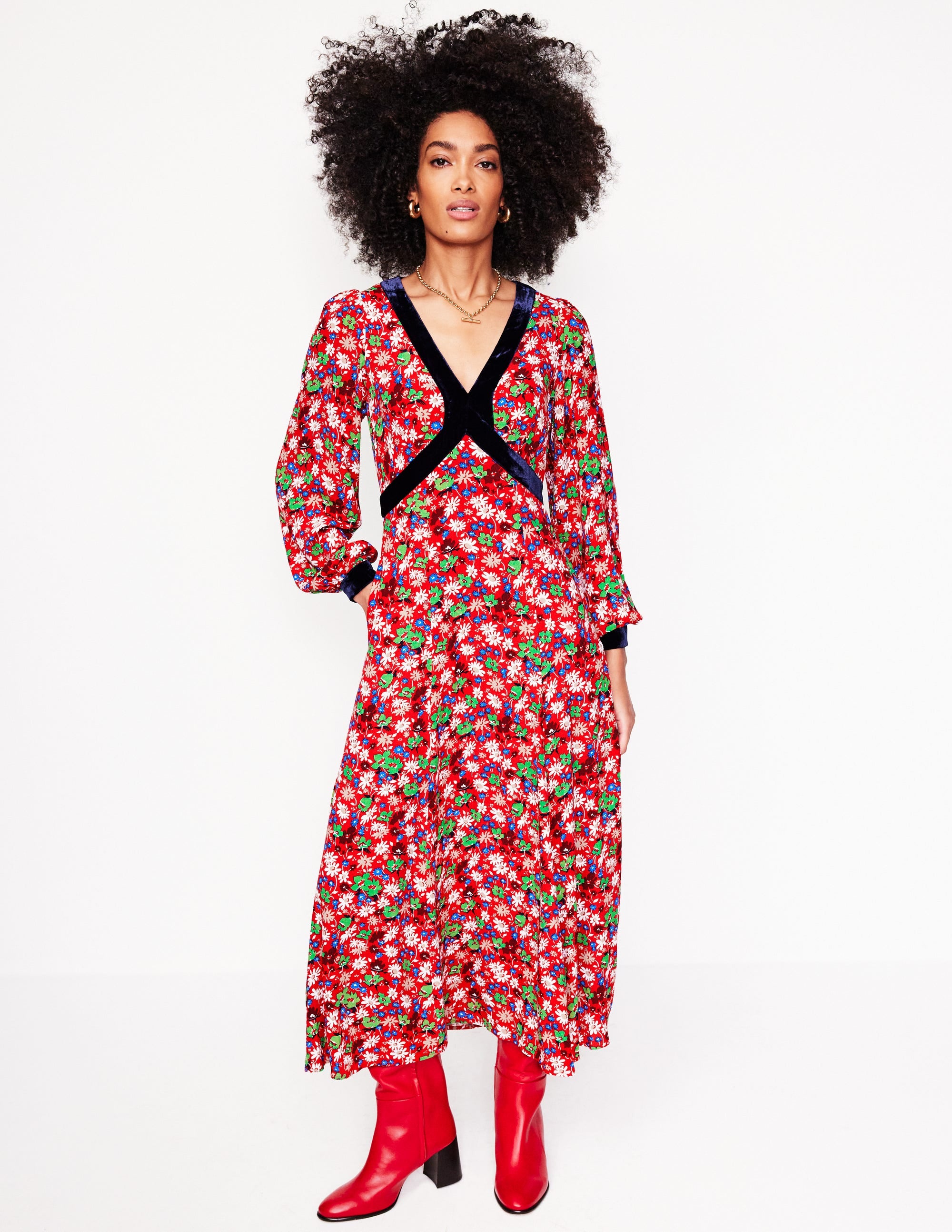 Velvet Trim Maxi Tea Dress-Bright Ruby, Floral Burst - Image 4