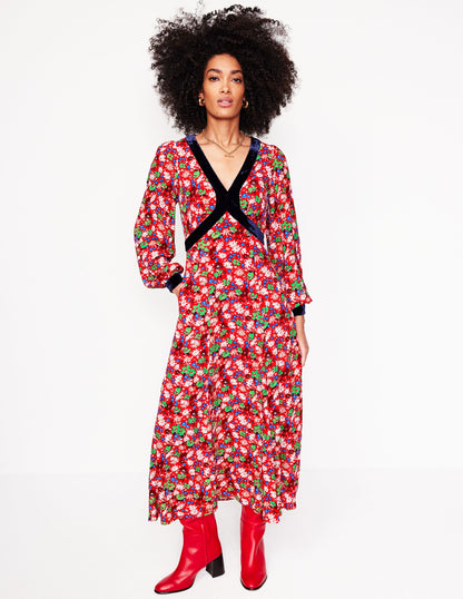 Velvet Trim Maxi Tea Dress-Bright Ruby, Floral Burst-4
