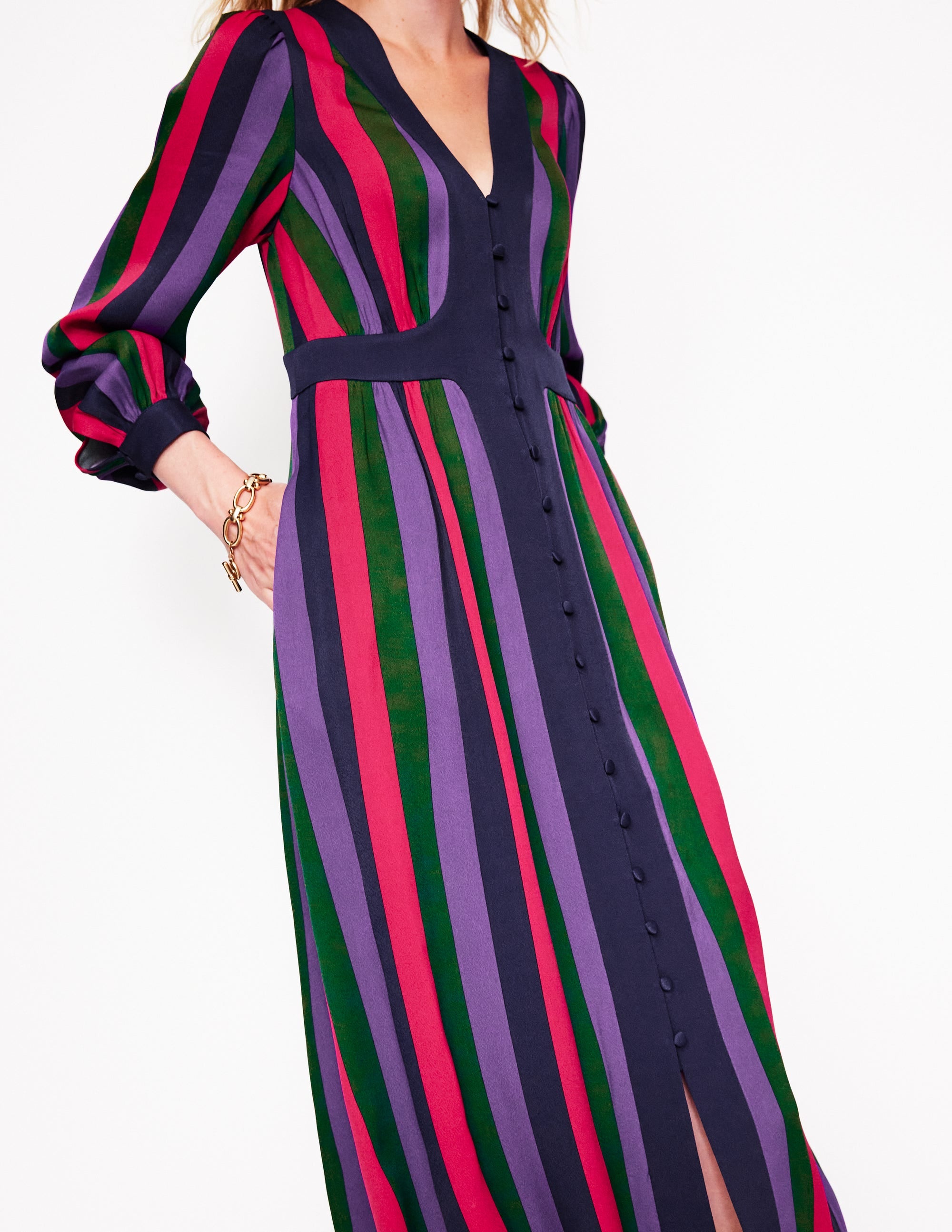 Colourblock V Neck Midi Dress-Pine and Ameythyst Stripe - Image 2