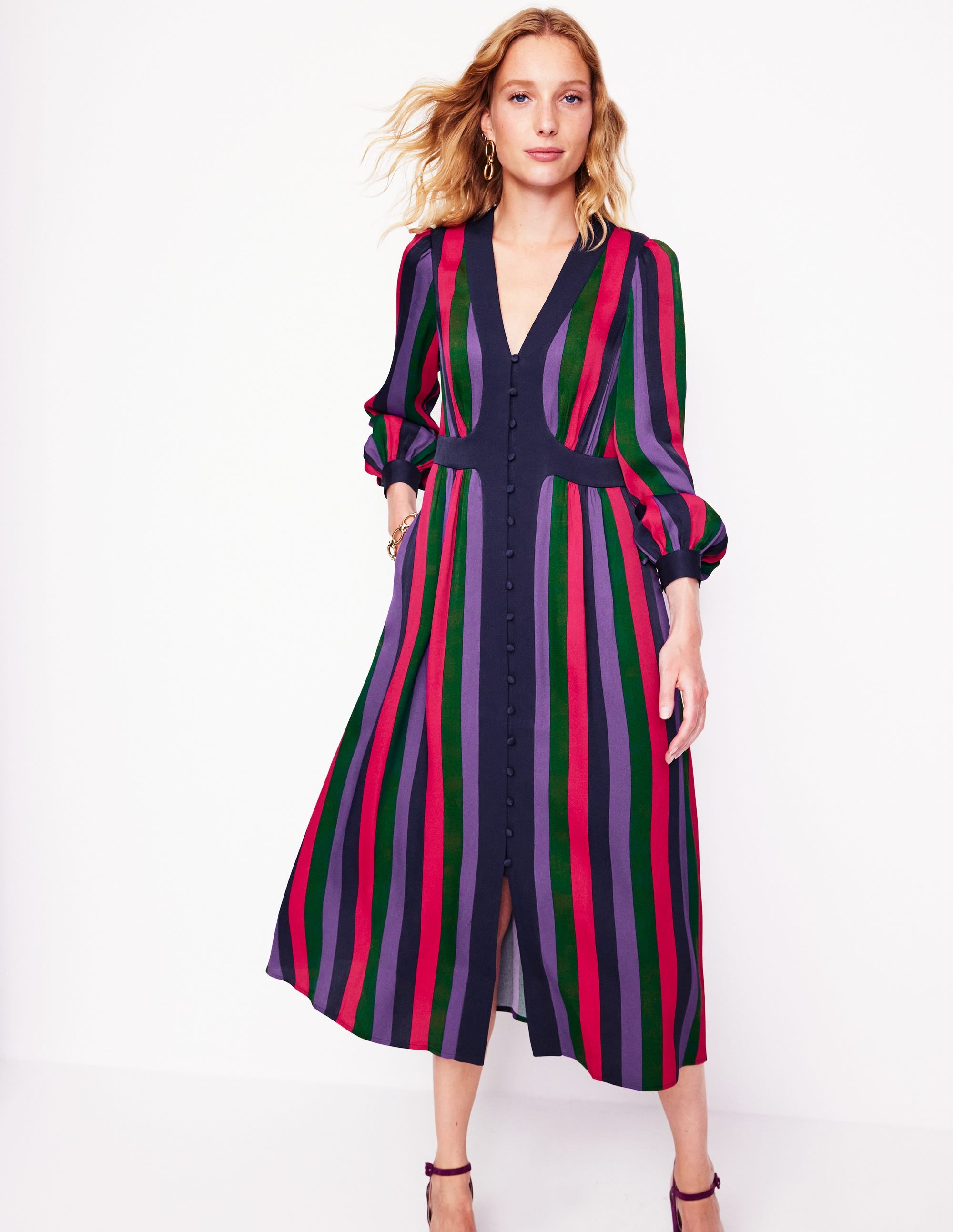 Colourblock V Neck Midi Dress-Pine and Ameythyst Stripe - Image 4