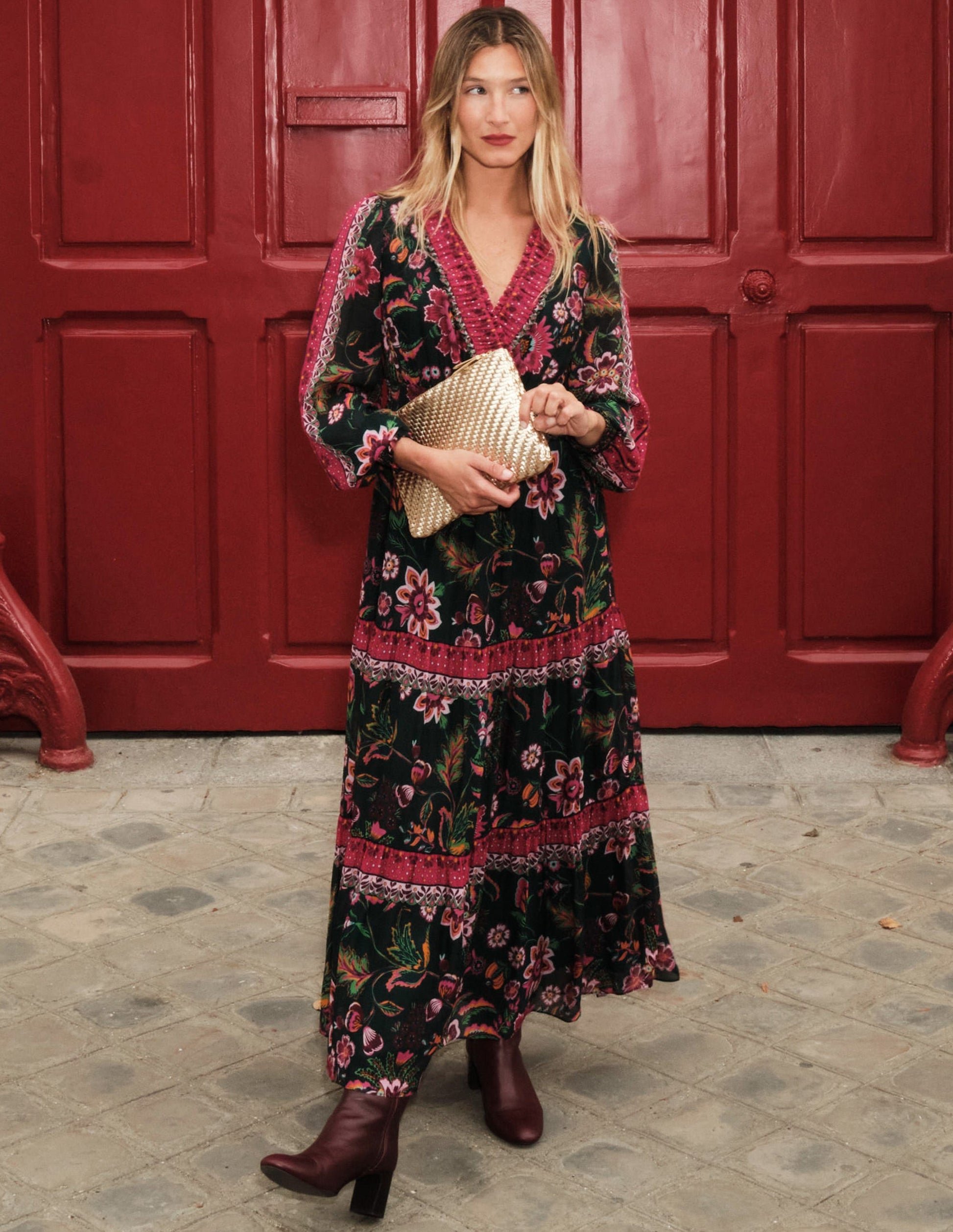 V-Neck Ruffle Maxi Dress-Multi, Blossom Flourish-5