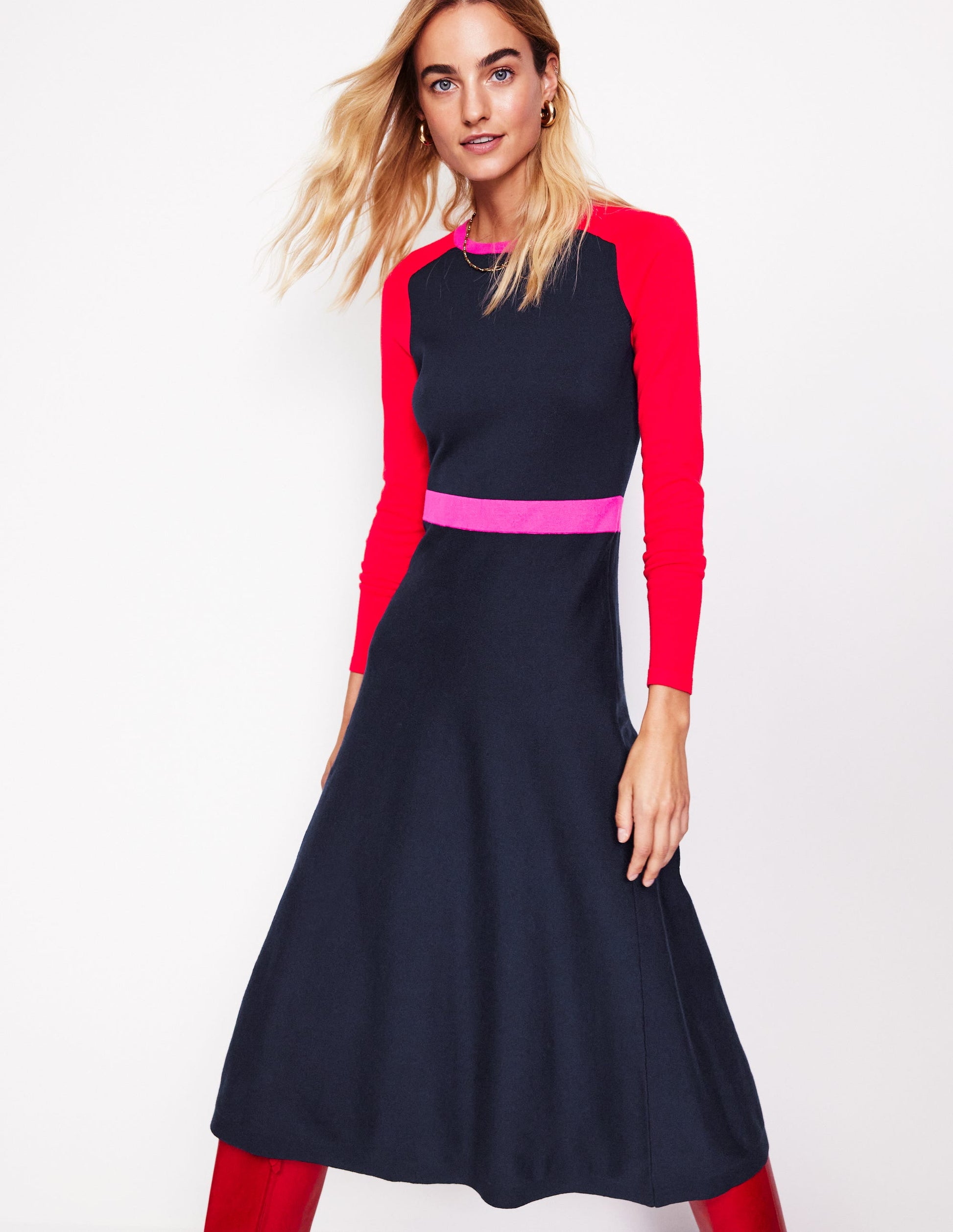 Marta Knitted Midi Dress-Navy, Rouge Colourblock-1