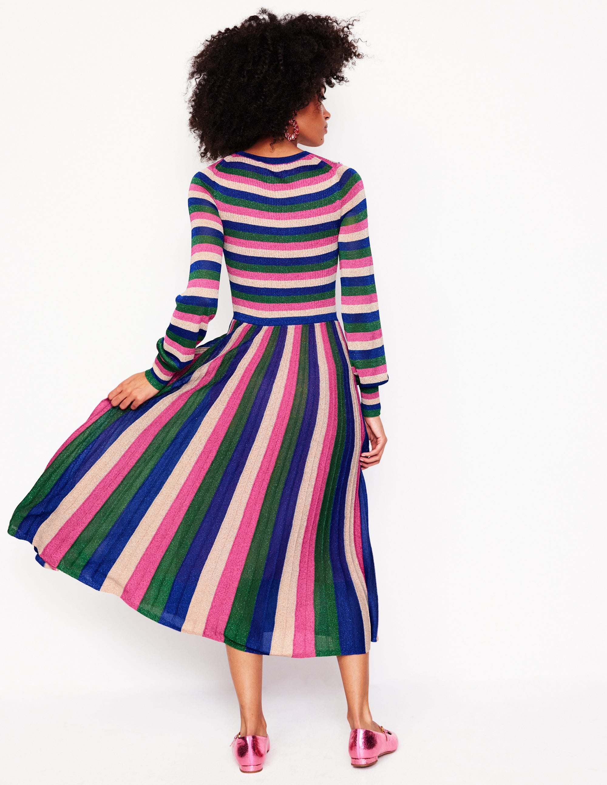 Ribbed Metallic Party Dress-Pink, Green and Gold Stripe - Image 3