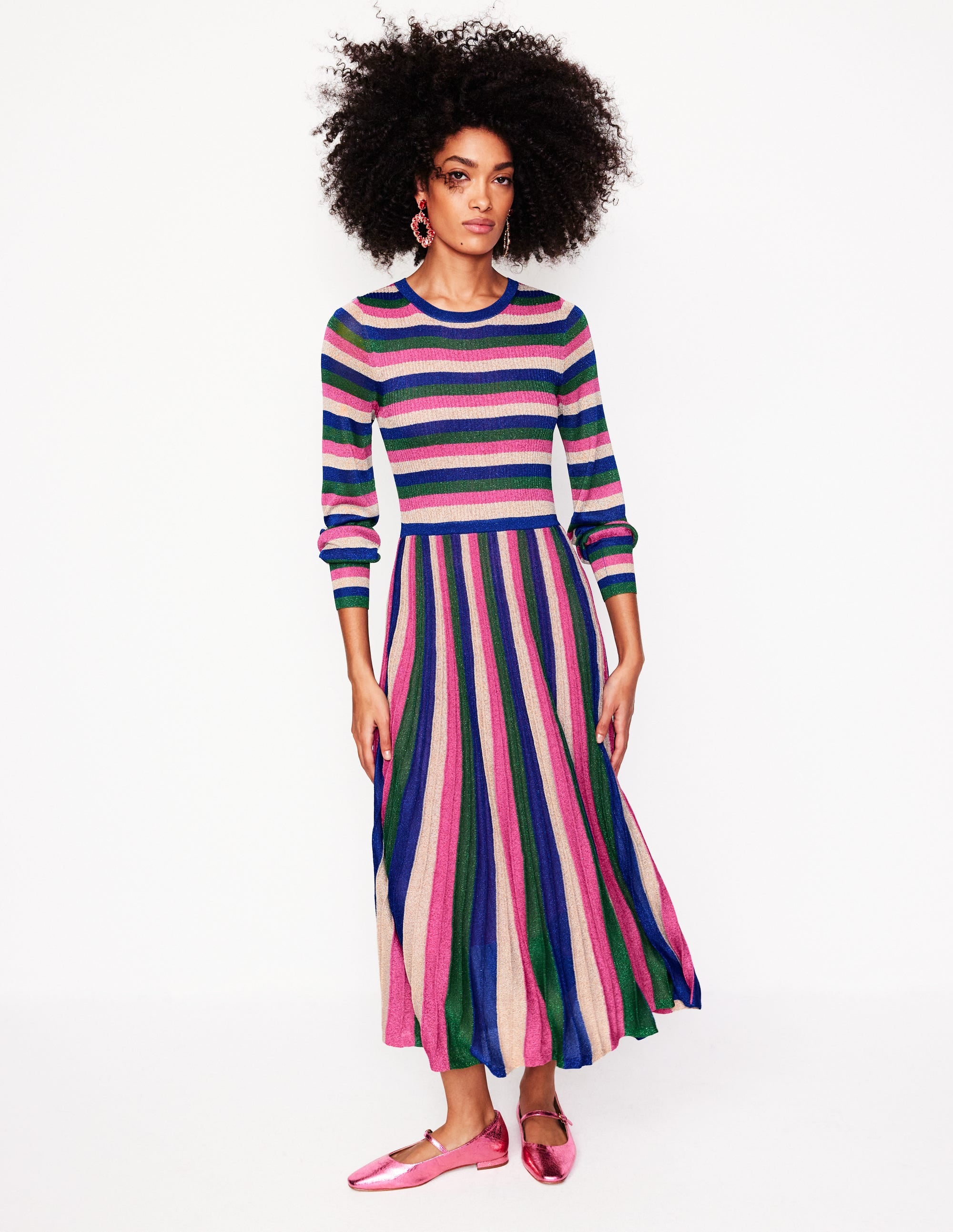 Ribbed Metallic Party Dress-Pink, Green and Gold Stripe - Image 4