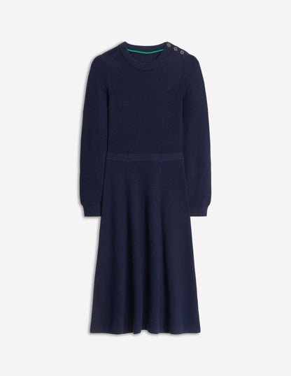 Button Shoulder Knitted Dress-Navy-5