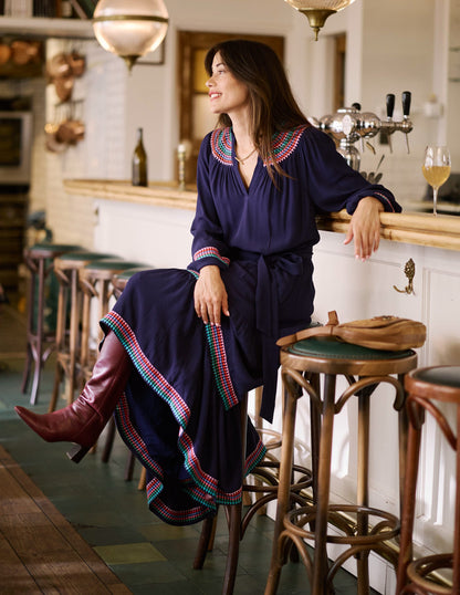 Embroidered Yoke Midi Dress-Navy-5