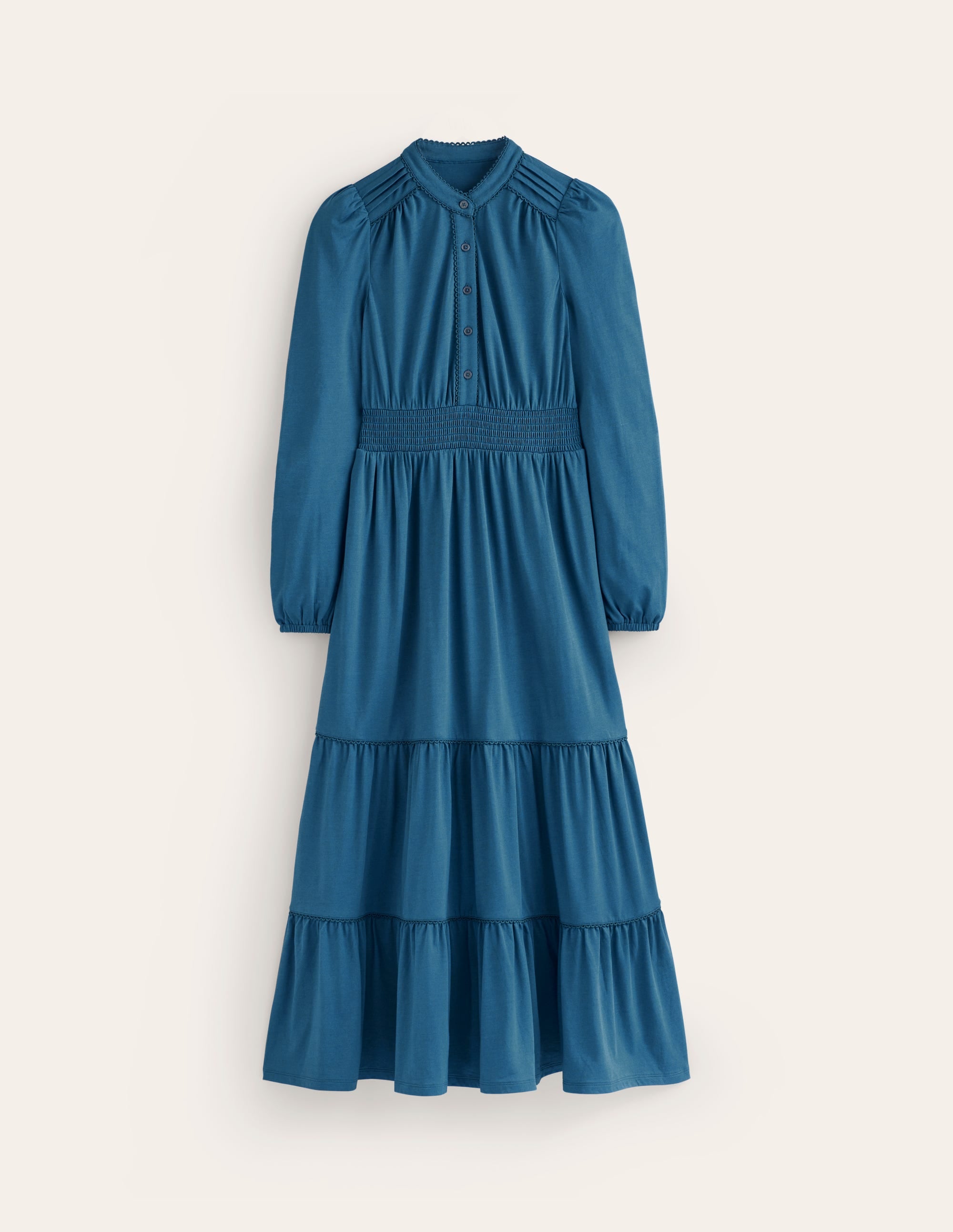 Shirred Waist Tier Midi Dress-Harbour Blue - Image 5