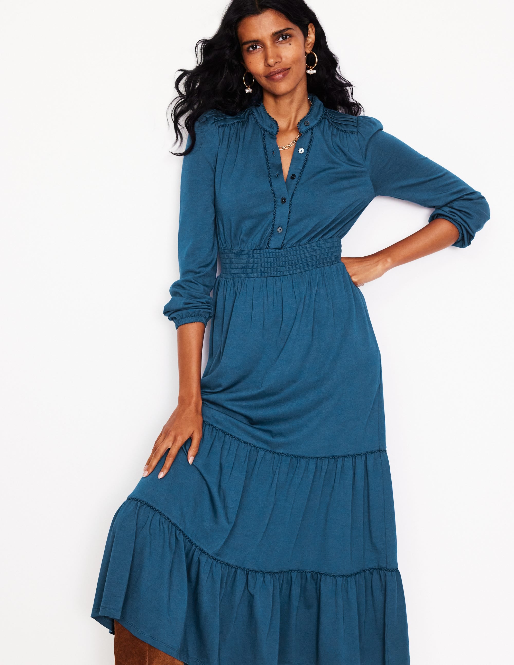 Shirred Waist Tier Midi Dress-Harbour Blue - Image 1