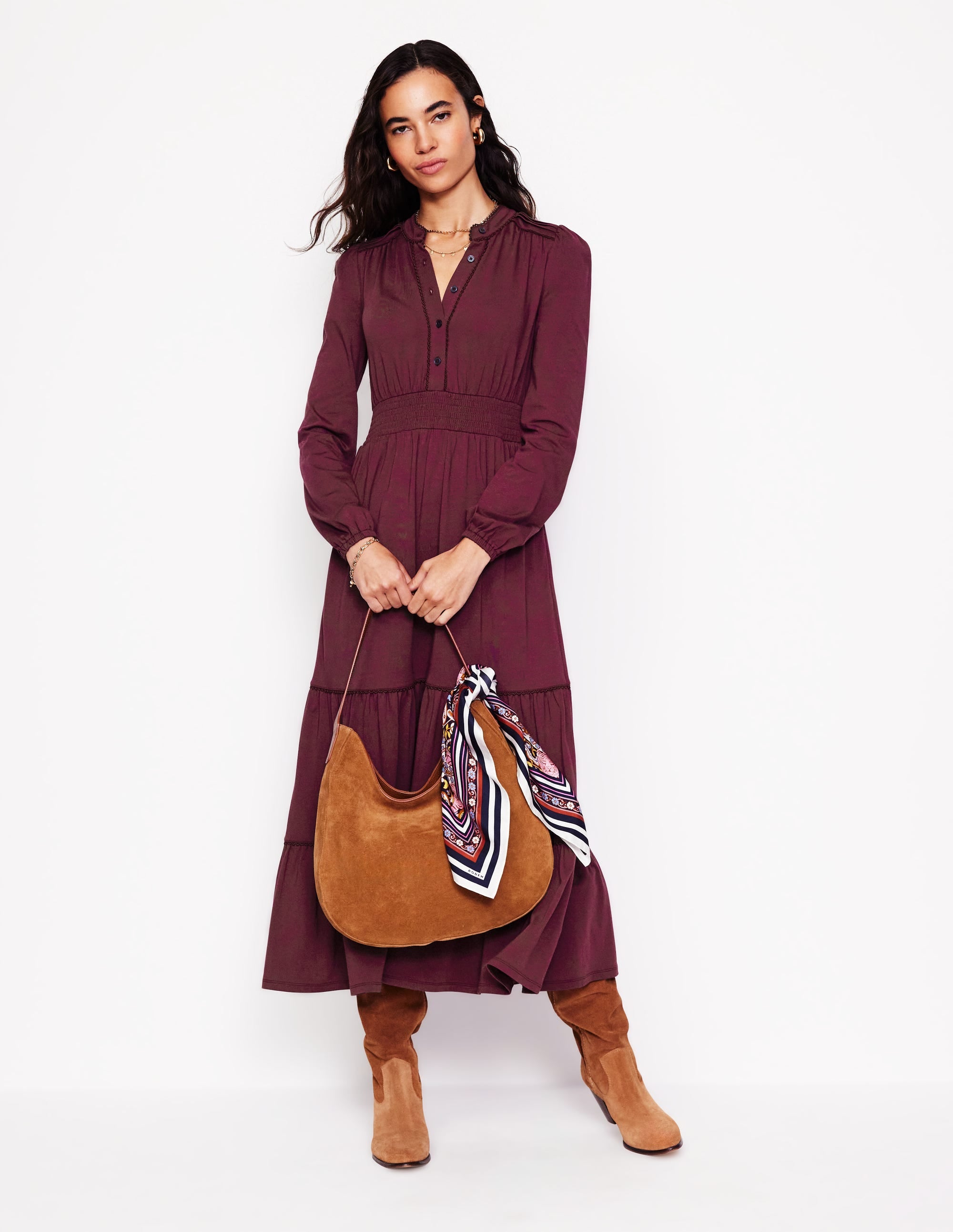 Shirred Waist Tier Midi Dress-Deep Wisteria - Image 1