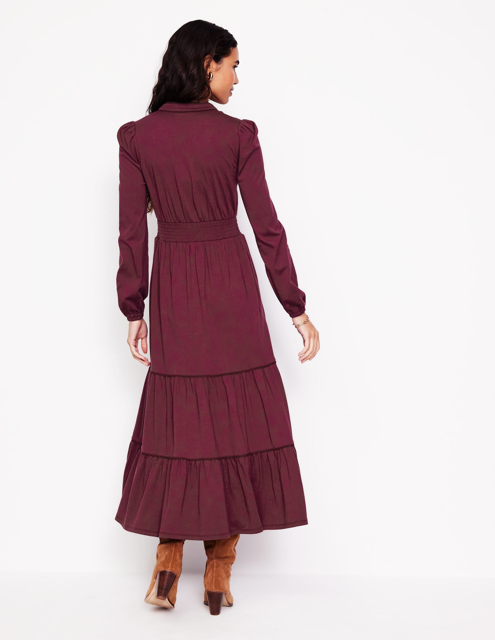 Shirred Waist Tier Midi Dress-Deep Wisteria - Image 3